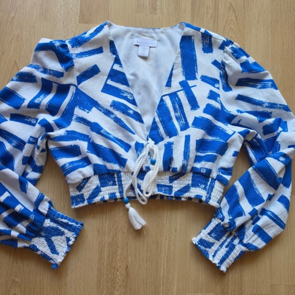 House of Harlow 1960 Blue White Abstract Brushstroke Linen Blend Crop Top Medium - Picture 2 of 9